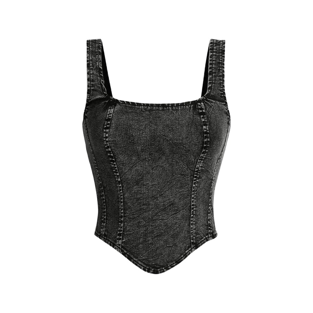 NWOT WDIRARA Denim Corset‎ Tank Top Zip Back Asymmetrical Hem Black XS